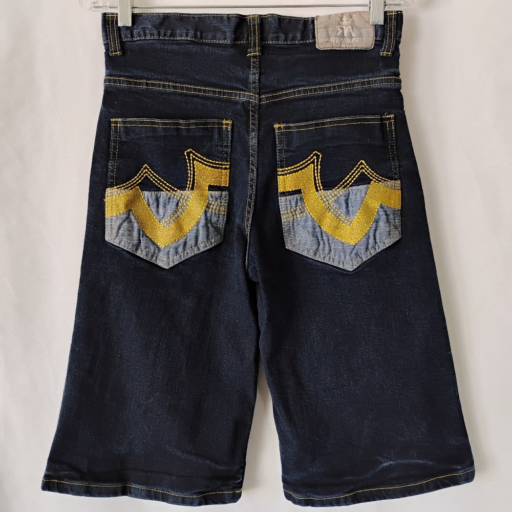 Vintage Red Ape Bermuda Long Jean Shorts Dark Wash Denim Embroidered Back Style